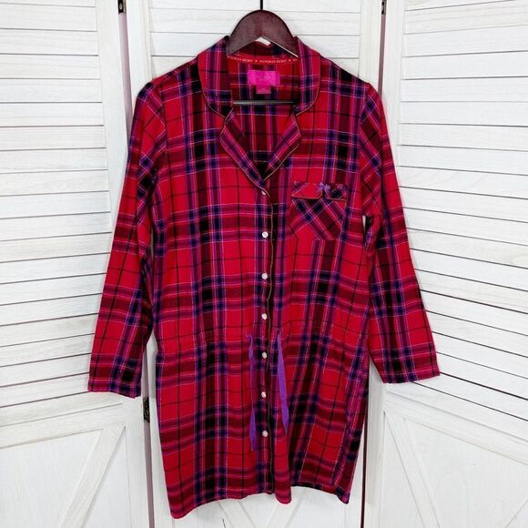 Victoria’s Secret Plaid Flannel Cinch Waist Sleep Nightshirt Red Pink Medium - Picture 9 of 13